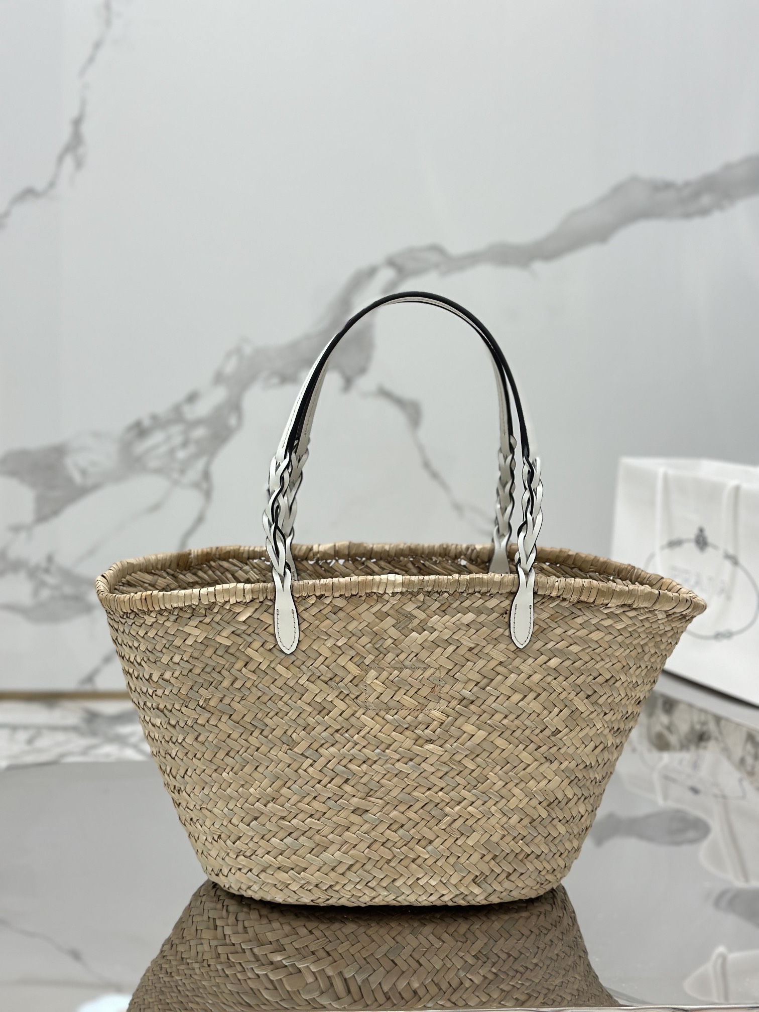 Pra*a woven palm and leather tote