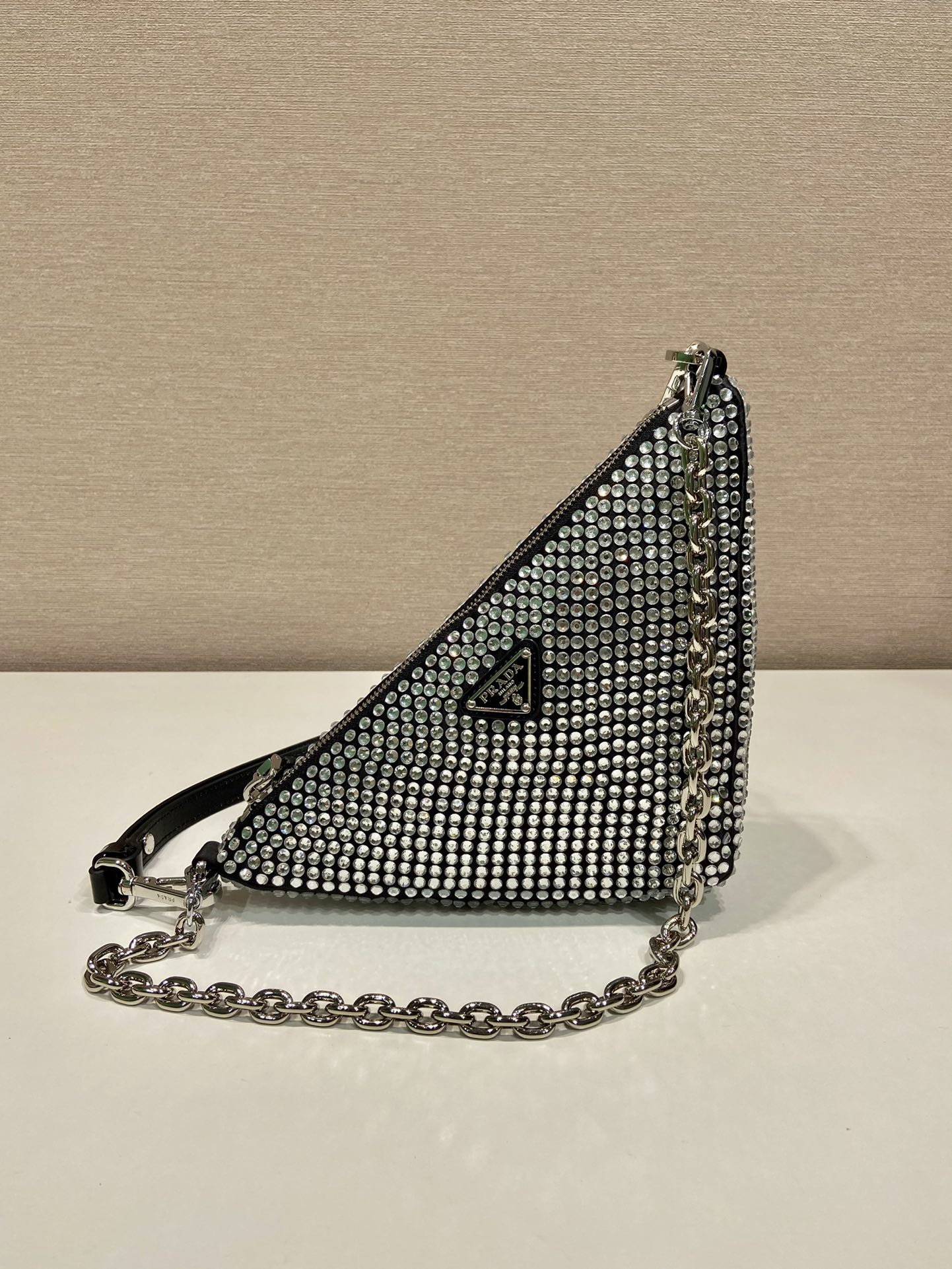 Pra*a triangle satin mini-bag with crystals