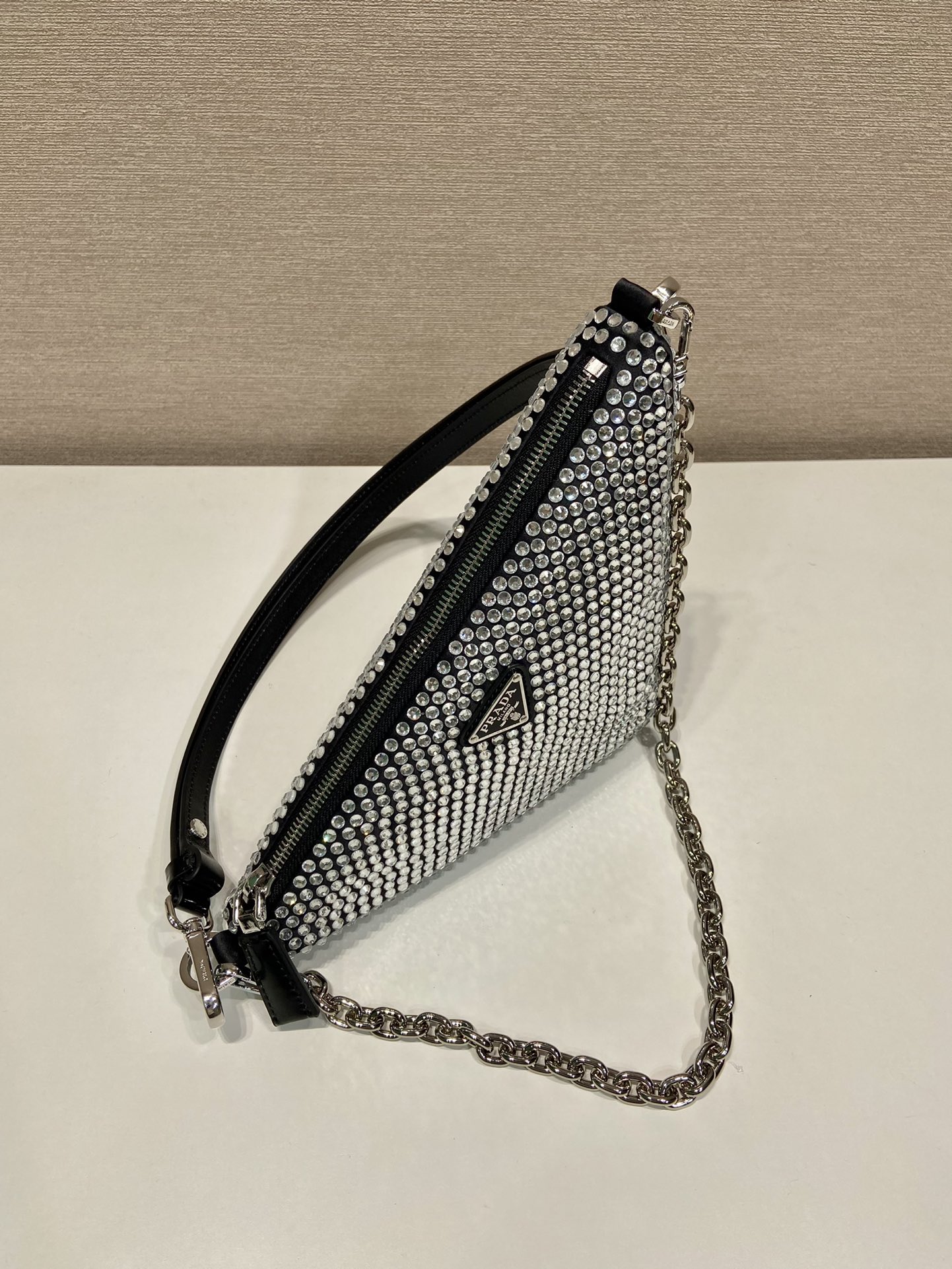 Pra*a triangle satin mini-bag with crystals