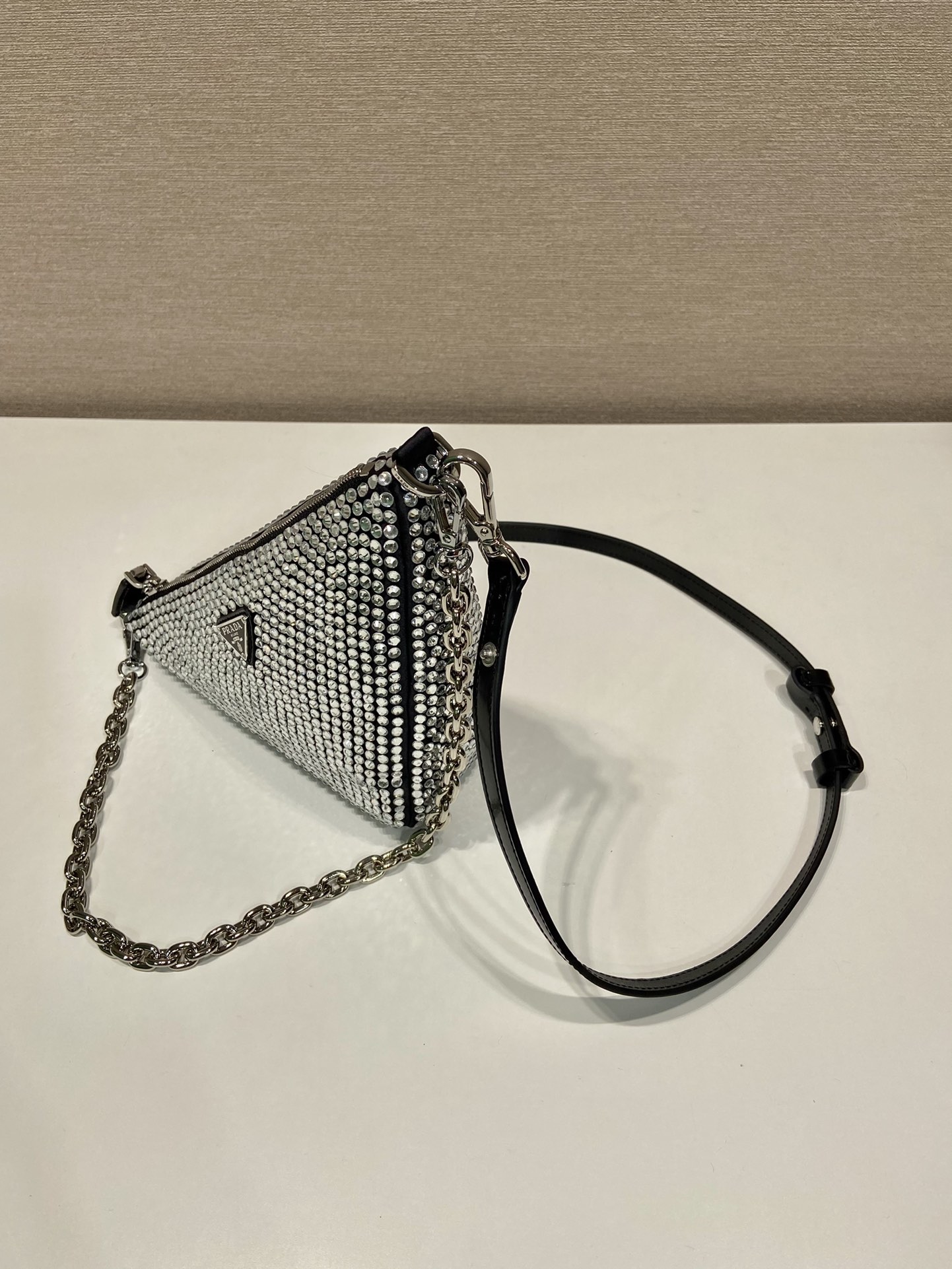 Pra*a triangle satin mini-bag with crystals