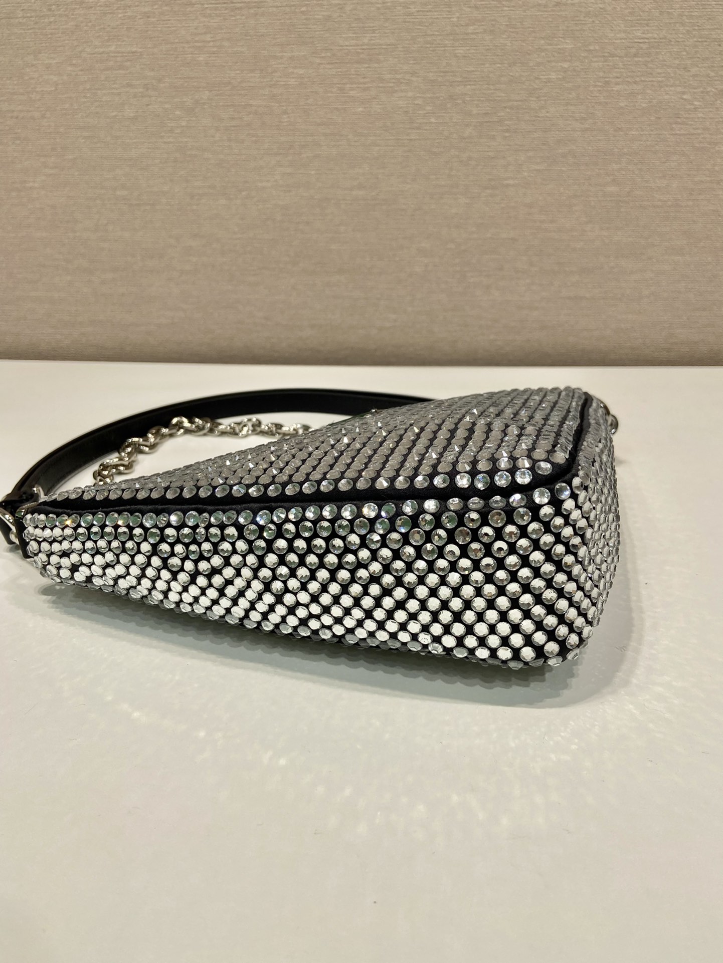 Pra*a triangle satin mini-bag with crystals