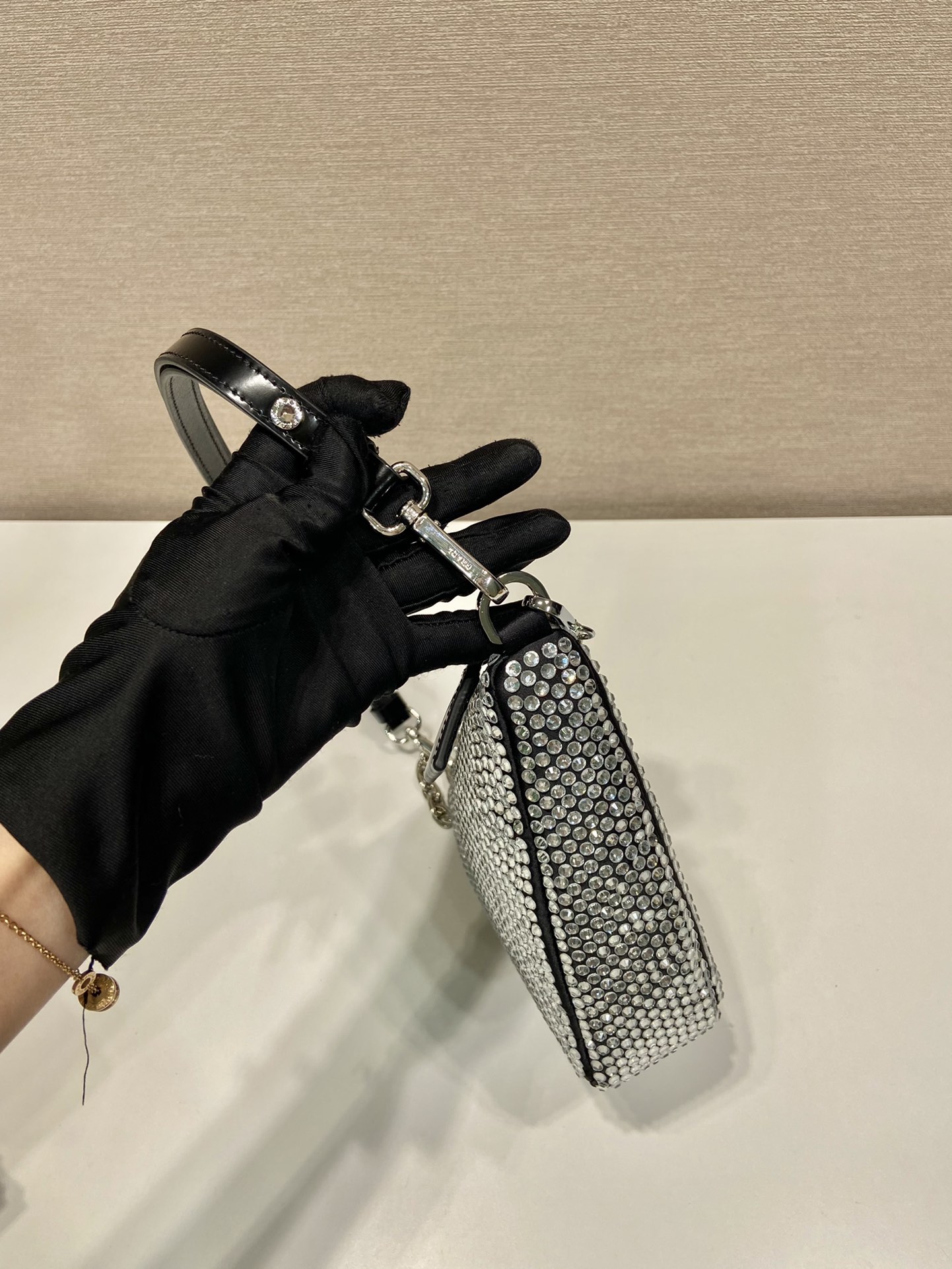Pra*a triangle satin mini-bag with crystals