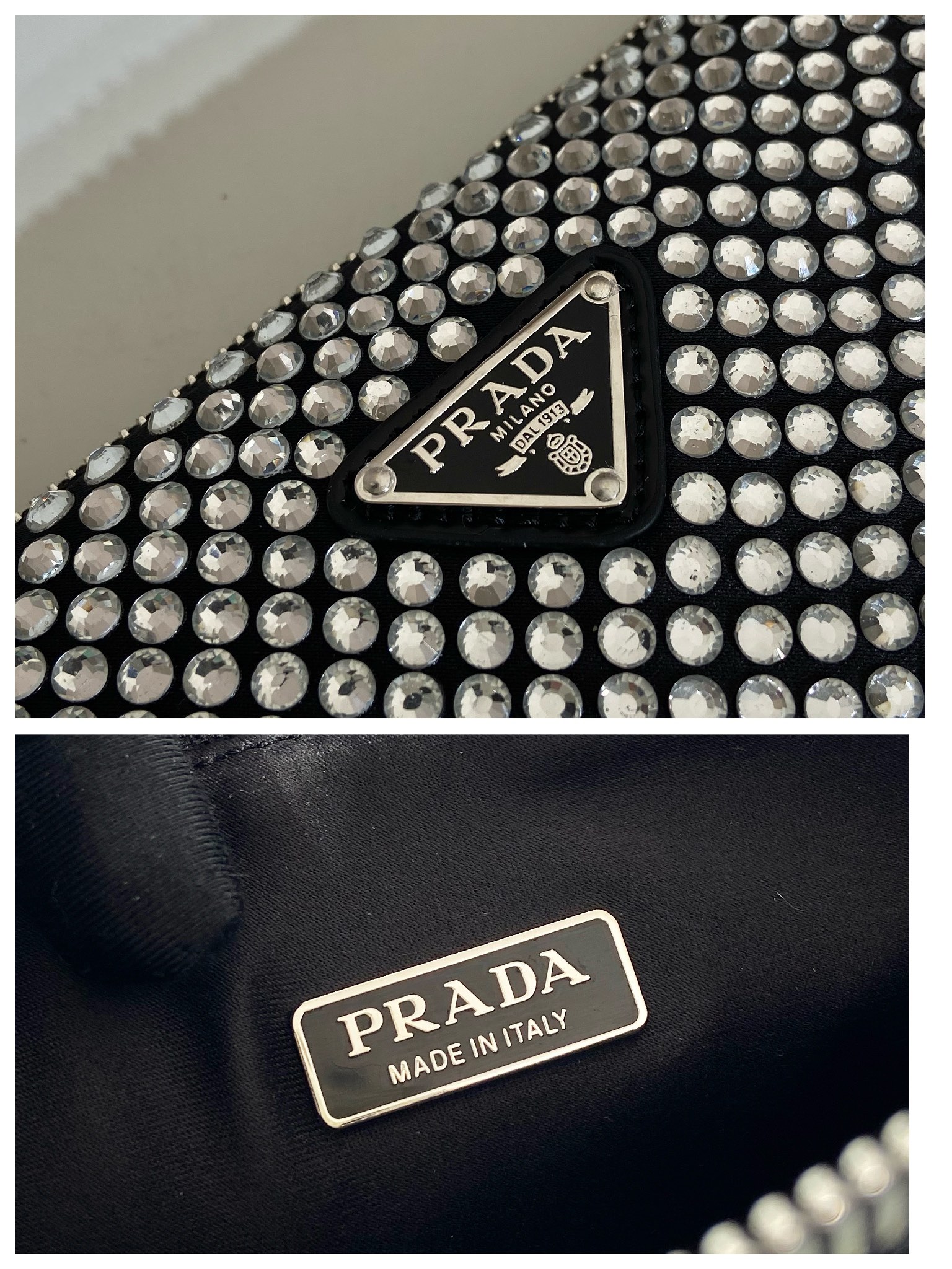 Pra*a triangle satin mini-bag with crystals