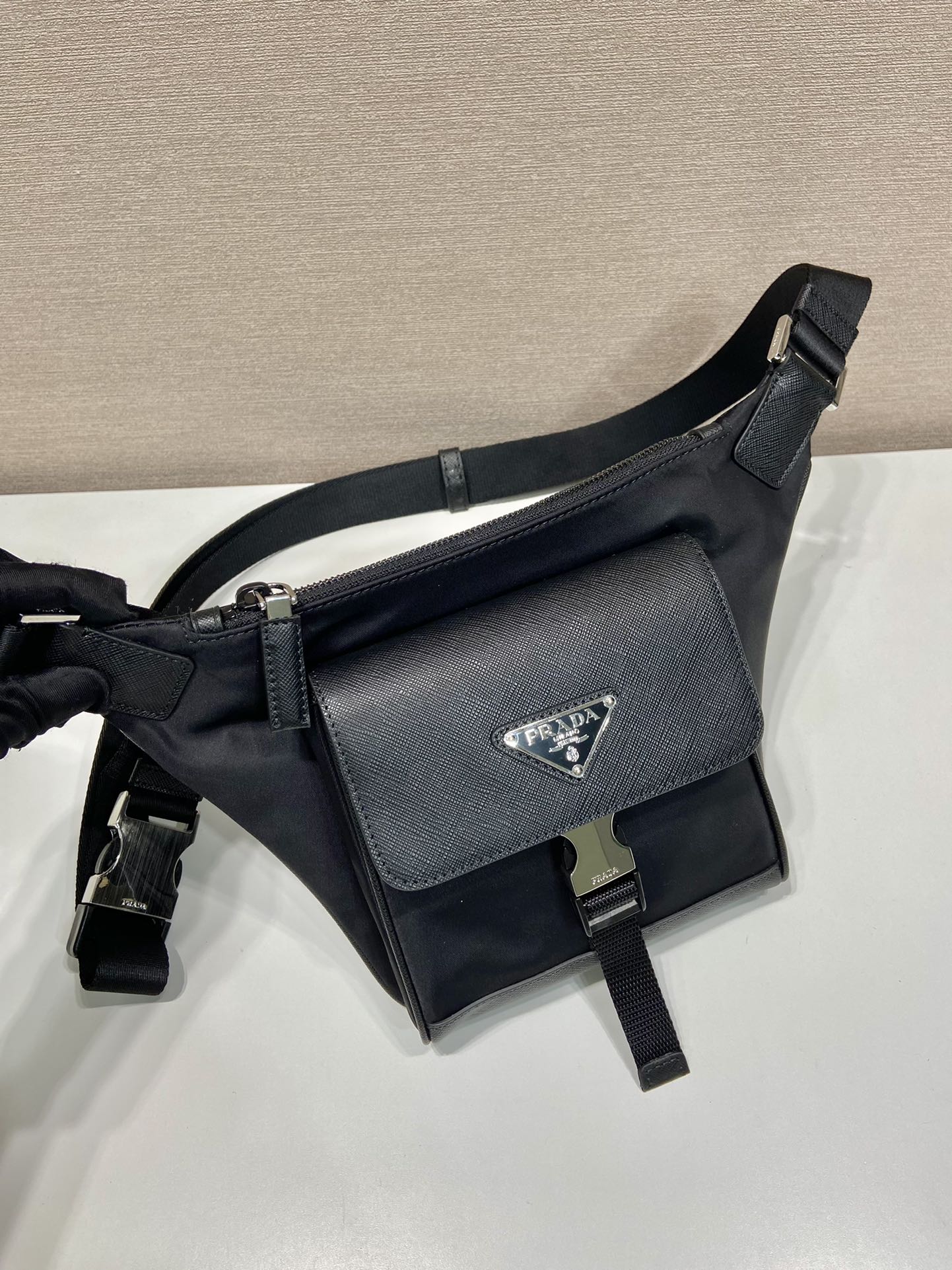 Pra*a re-nylon and saffiano leather shoulder bag