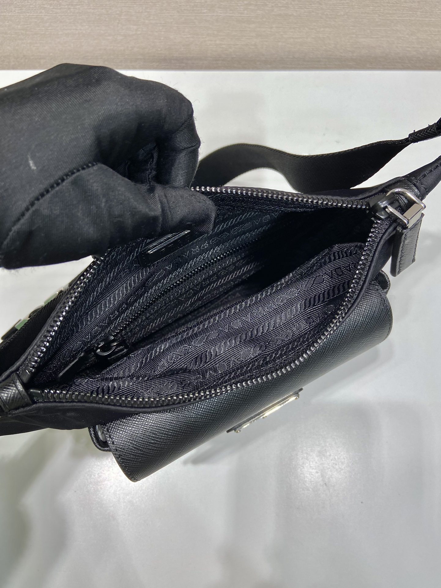Pra*a re-nylon and saffiano leather shoulder bag
