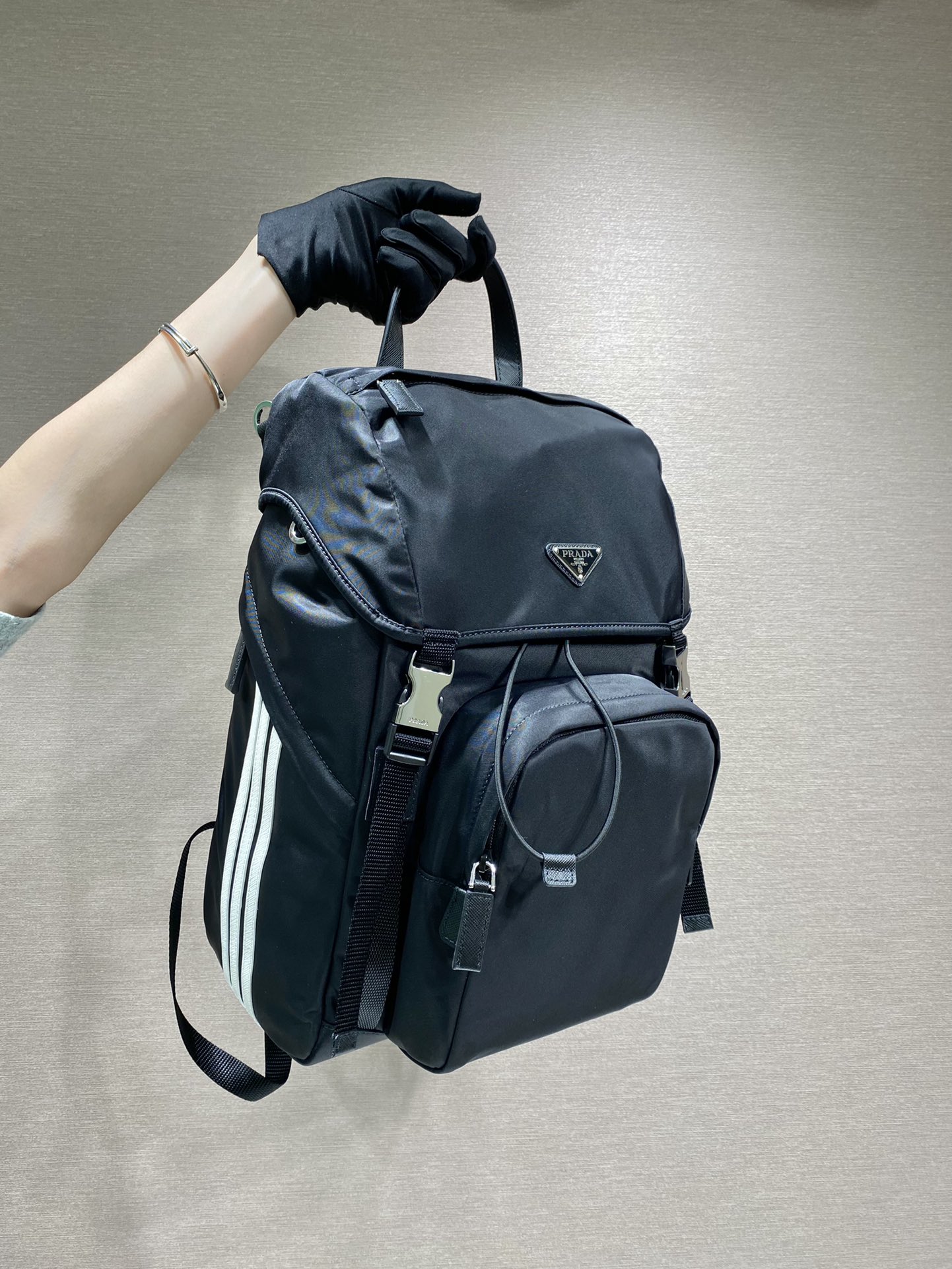 Pra*a black re-nylon and saffiano  backpack