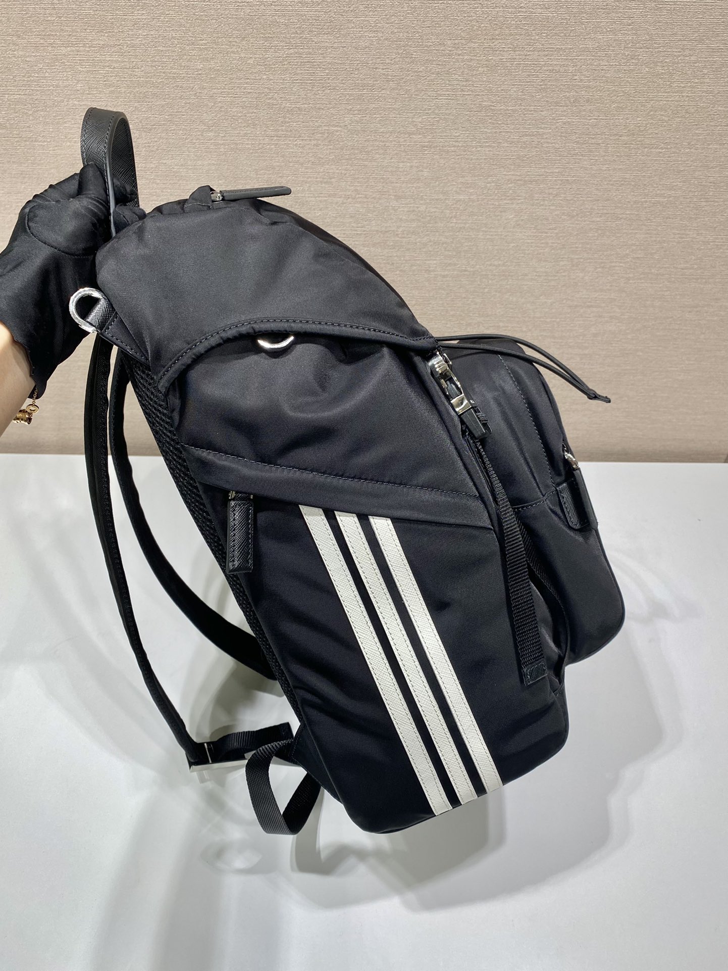 Pra*a black re-nylon and saffiano  backpack