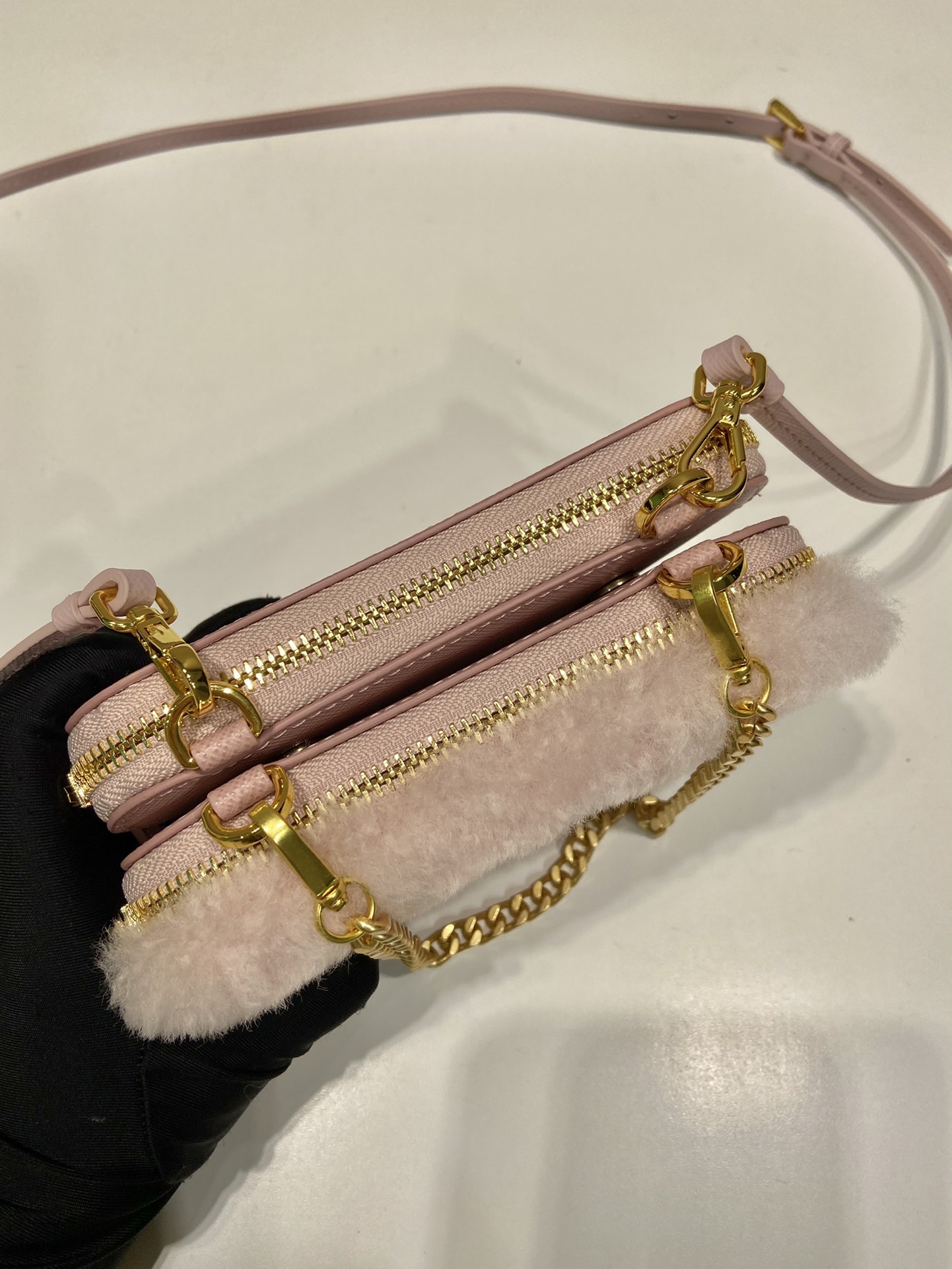 Pra*a shearling and saffiano leather mini-pouch