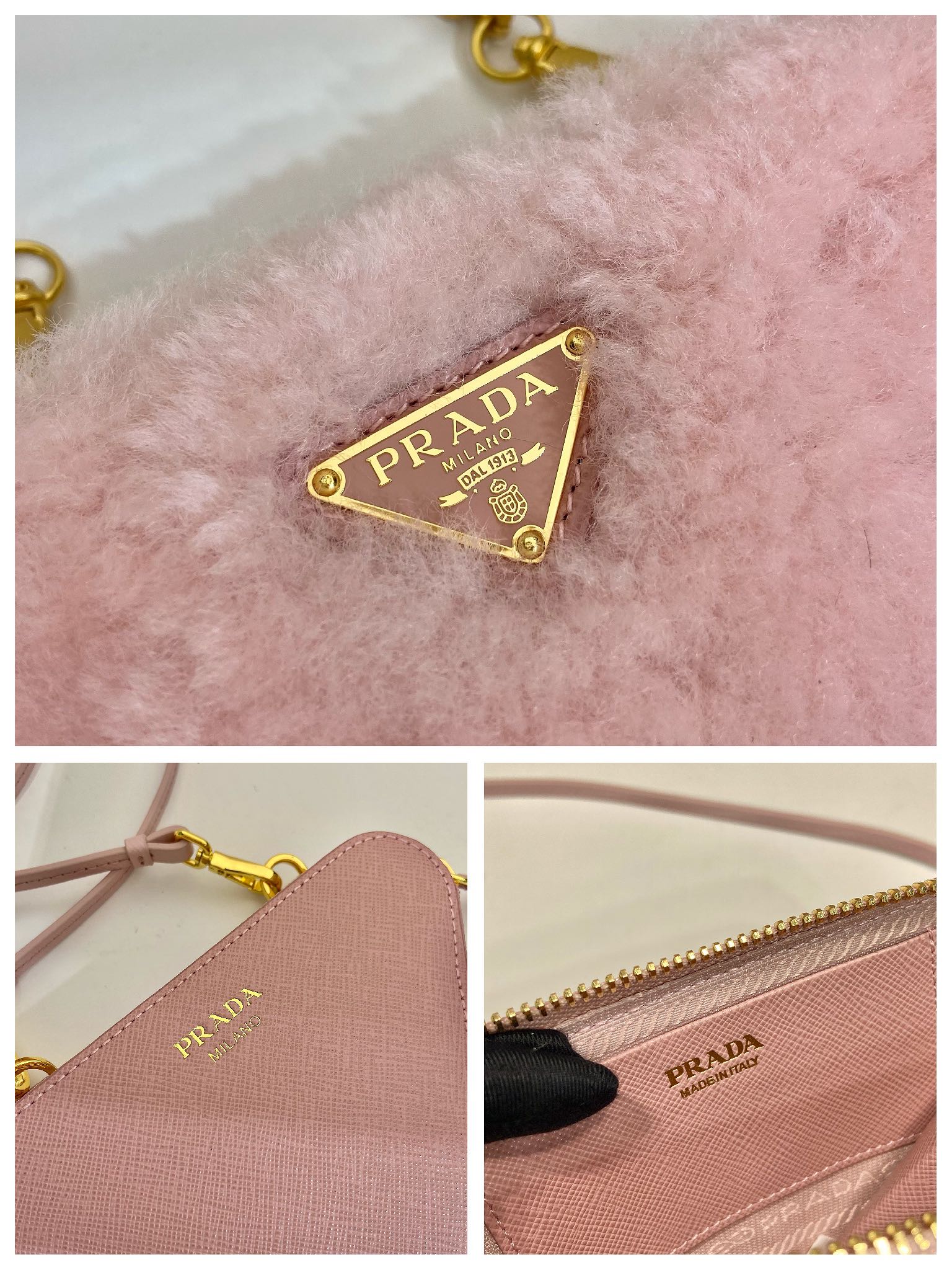 Pra*a shearling and saffiano leather mini-pouch