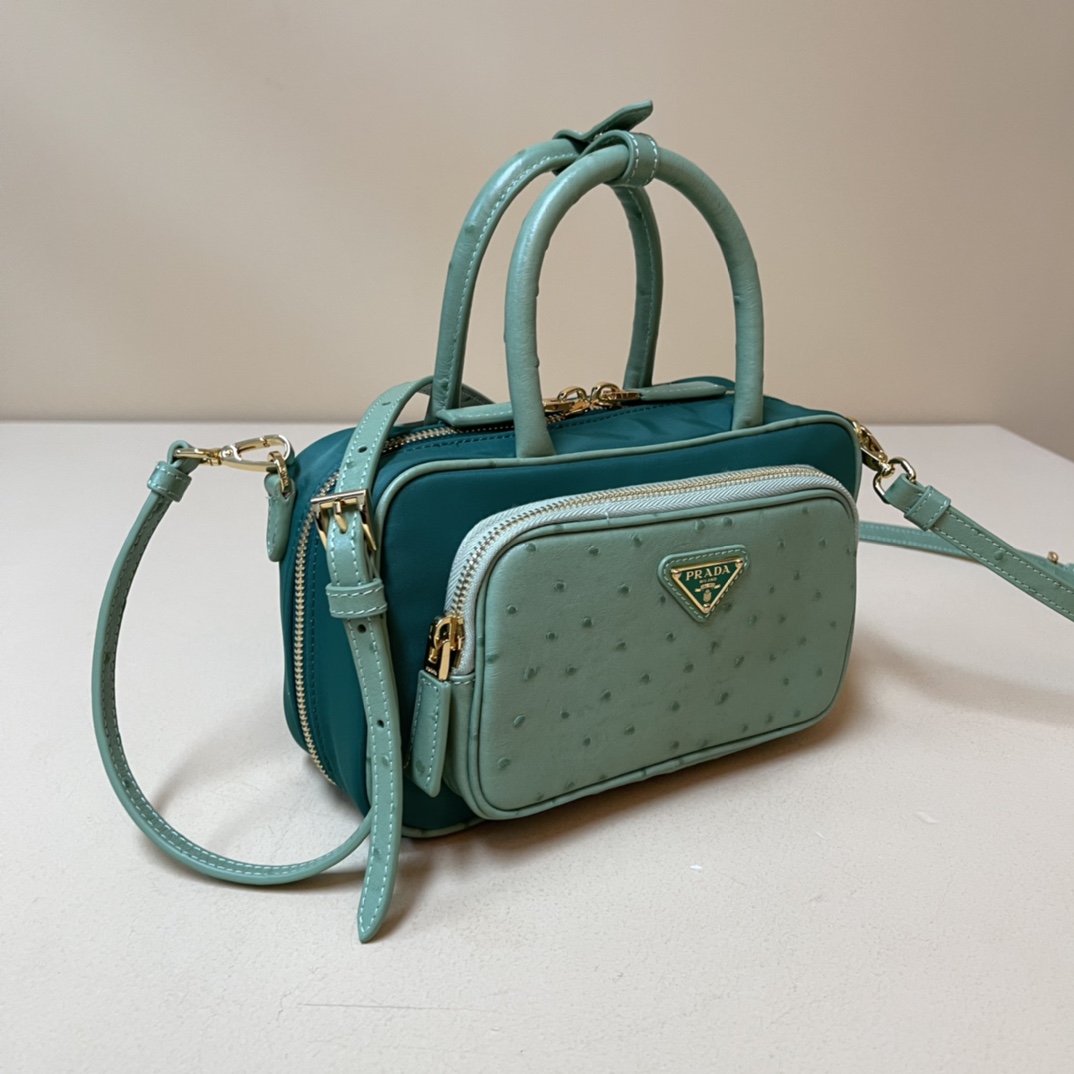 Pra*a re-nylon and leather two-handle bag