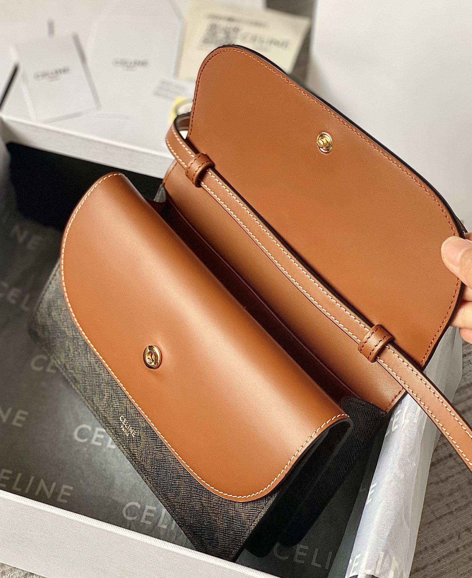 Ce**e wallet on strap in triomphe canvas and smooth lambskin tan