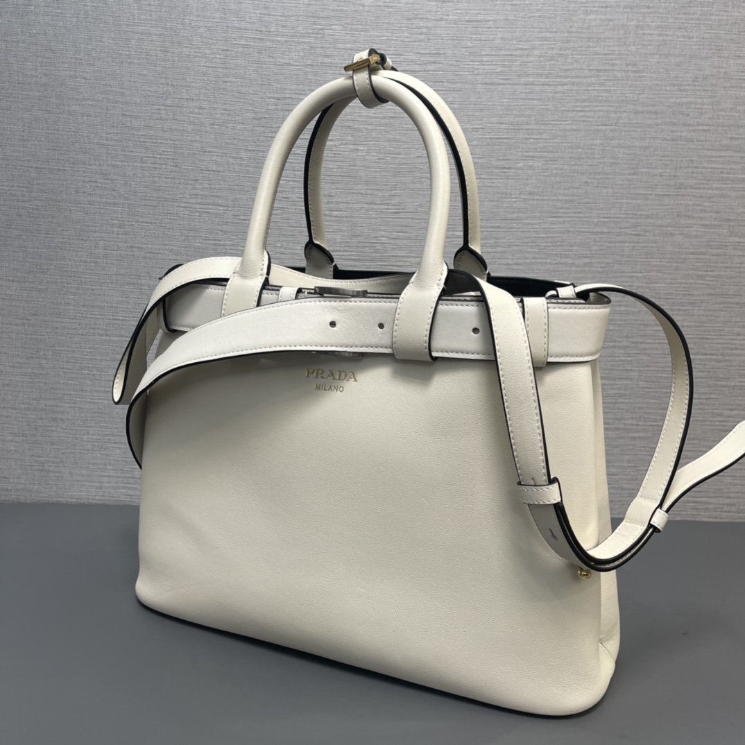 Pra*a buckle medium leather handbag with double belt