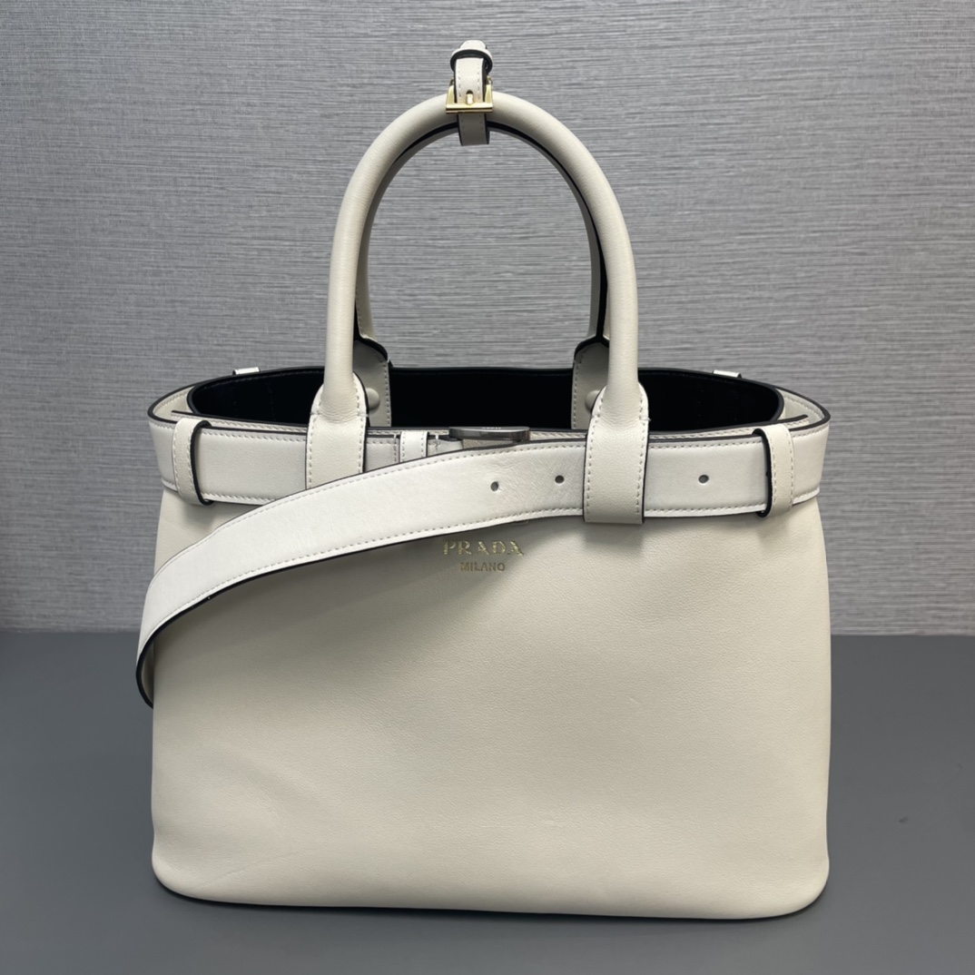 Pra*a buckle medium leather handbag with double belt