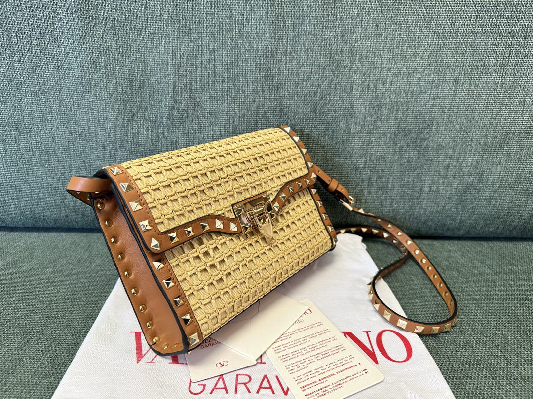Valentino SMALL ROCKSTUD SHOULDER BAG IN WOVEN RAFFIA