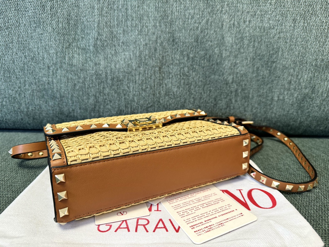 Valentino SMALL ROCKSTUD SHOULDER BAG IN WOVEN RAFFIA