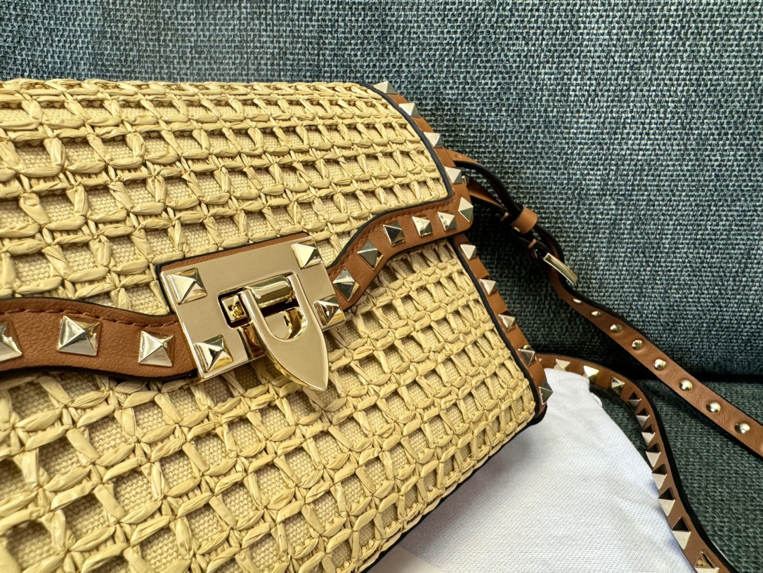 Valentino SMALL ROCKSTUD SHOULDER BAG IN WOVEN RAFFIA