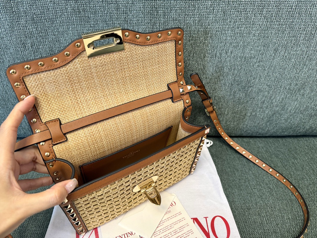 Valentino SMALL ROCKSTUD SHOULDER BAG IN WOVEN RAFFIA