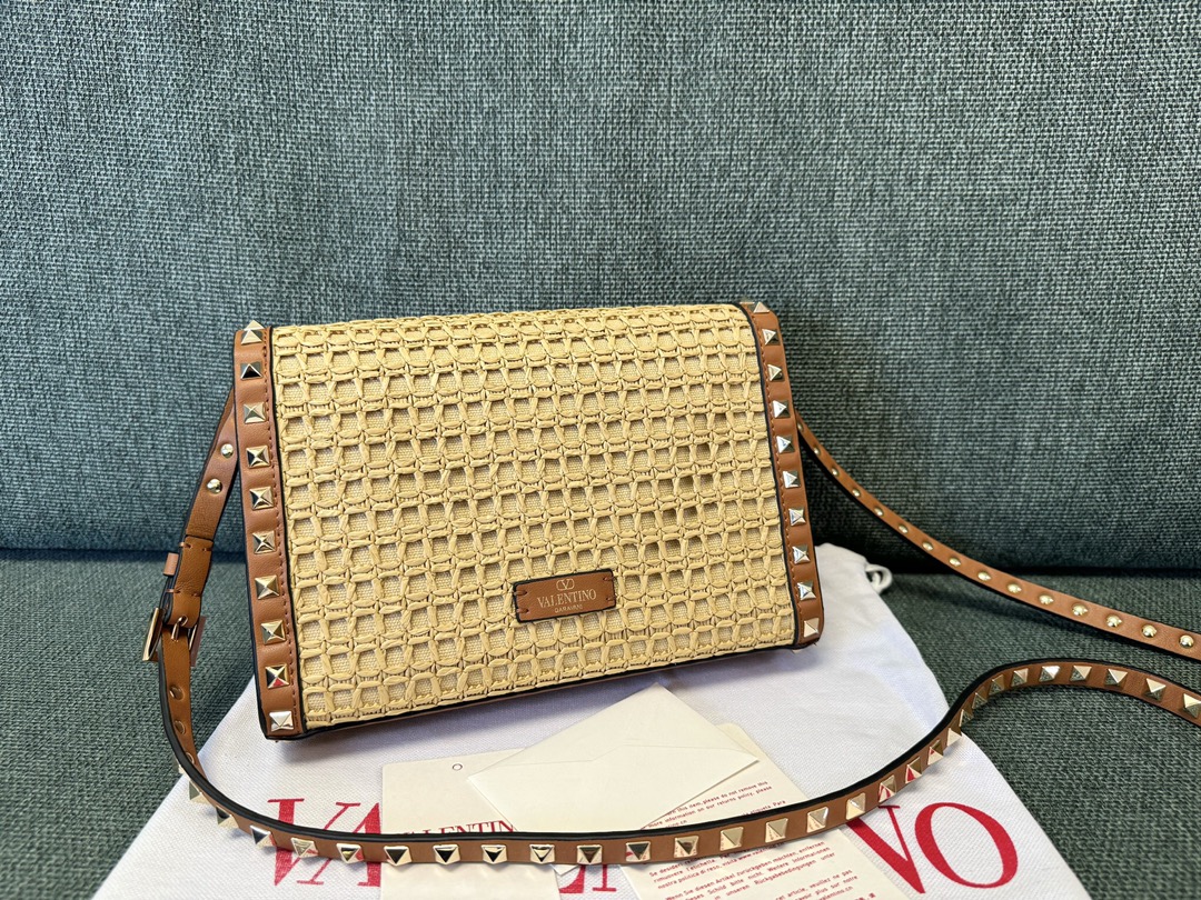 Valentino SMALL ROCKSTUD SHOULDER BAG IN WOVEN RAFFIA