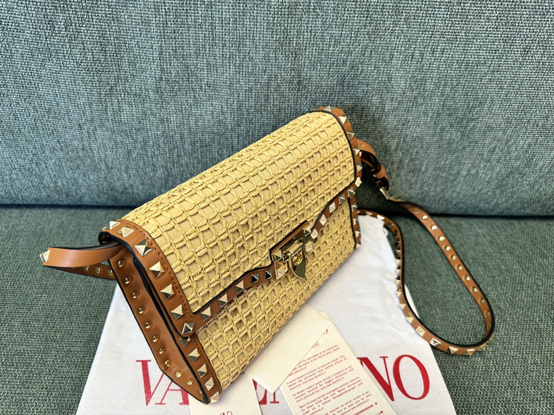 Valentino SMALL ROCKSTUD SHOULDER BAG IN WOVEN RAFFIA
